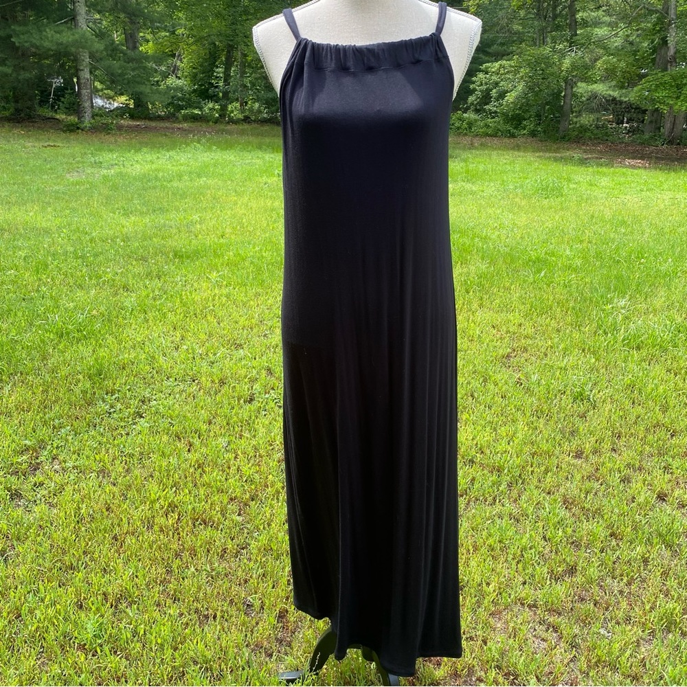CABI DRESS MAXI BLACK STRETCH SHEATH COLUMN TIE NECK SLEEVELESS CUT OUT SIZE S
